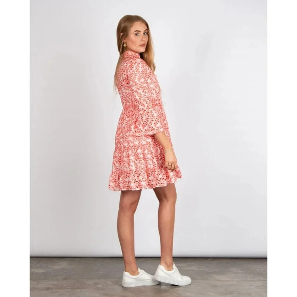 KASIA Tuckernuck Cutwork Tiered Split Neck Holiday Dress Coral/white Size Small - Picture 3 of 12